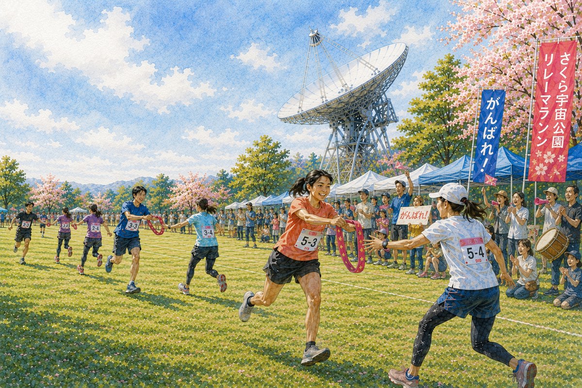 さくら宇宙公園でたすきをつなぐランナー